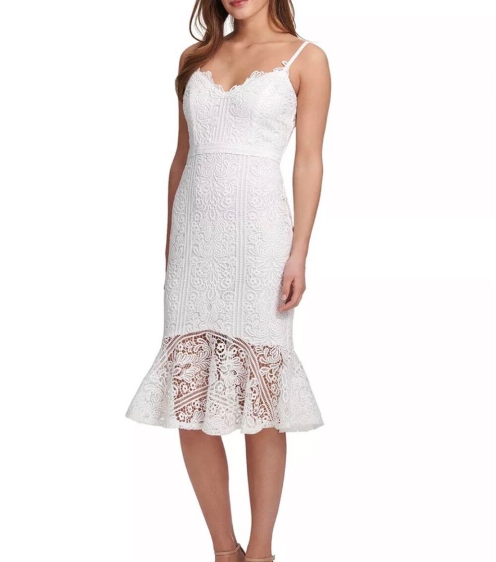 Guess Lace Midi Dress White Sleeveless Spaghetti Strap Flounce Hem Size M bridal
